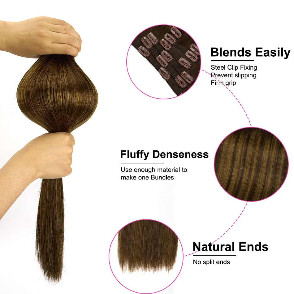 PLADIO T2/2/6 Remy Human Hair Clip ins 7Pcs 14-26 Inch Straight Invisible Hair Extensions for Women [Silky & No Tangling