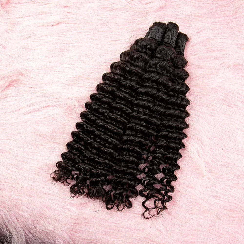100% Human Bulk Hair Bundles for Braiding Deep Wave Virgin Hair Extension Natural Color Braids No Weft Hair Bulk for Extensions