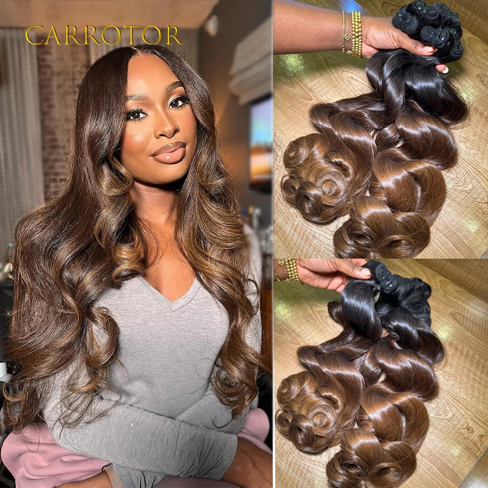 Ombre 1b/30 Brown Colored Body Wave Human Hair Bundles 100%Unprocessed Virgin Weave Real Human Hair 3 Hair Extensions  For Women