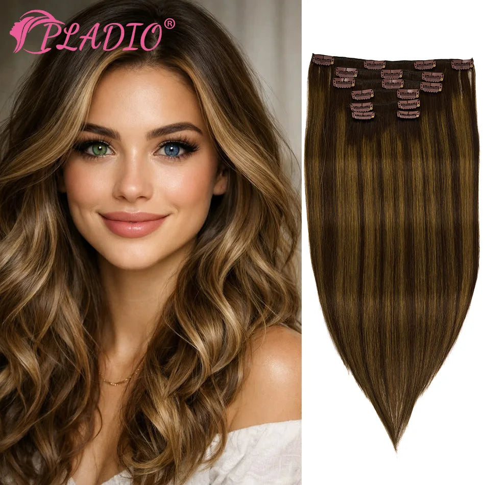 PLADIO T2/2/6 Remy Human Hair Clip ins 7Pcs 14-26 Inch Straight Invisible Hair Extensions for Women [Silky & No Tangling