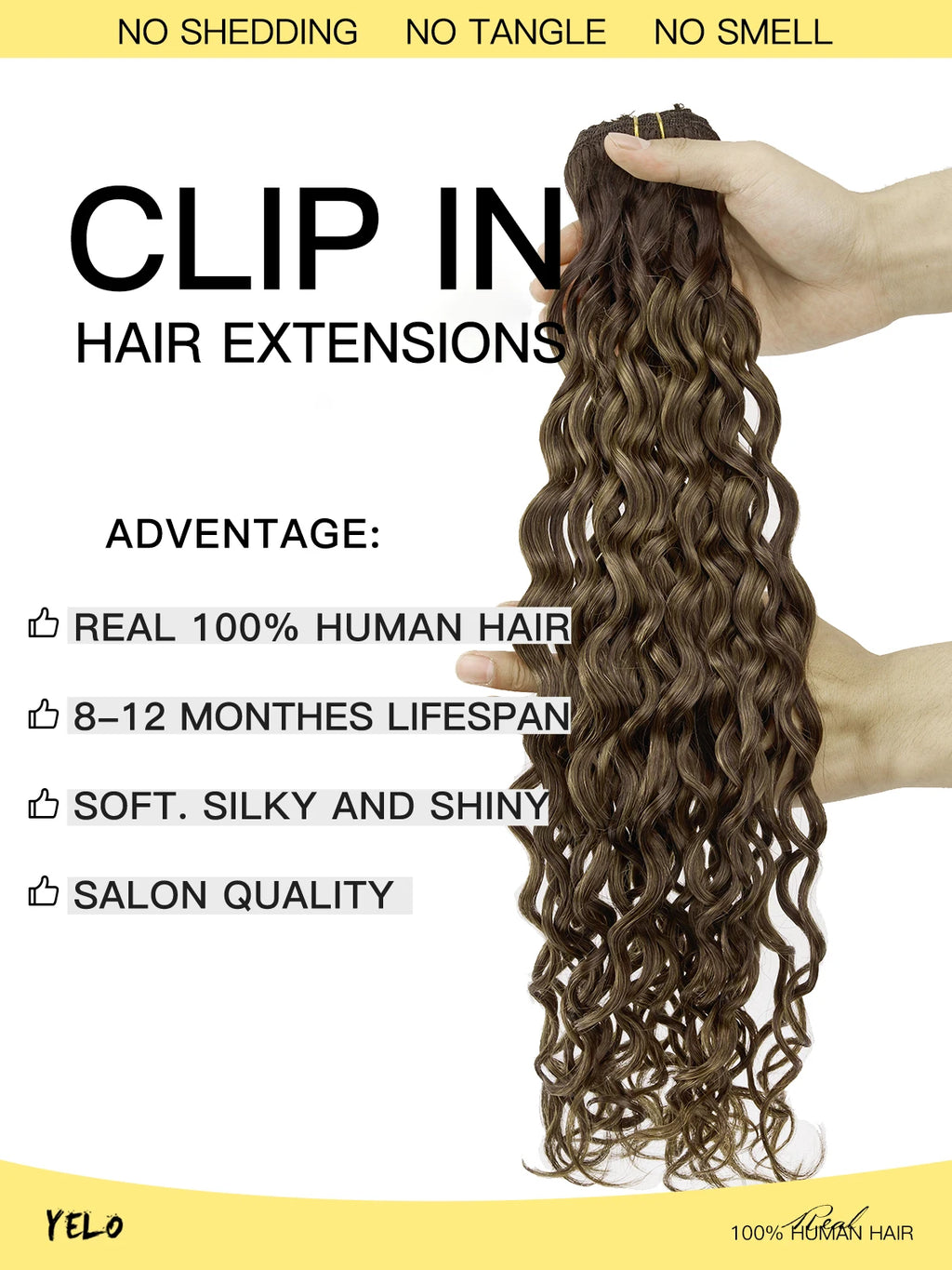 Yelo Curly Clip in Hair Extensions Real Human Hair Wet and Wavy 100% Brazilian Remy Human Hair Clip on 12-26 inch For Women