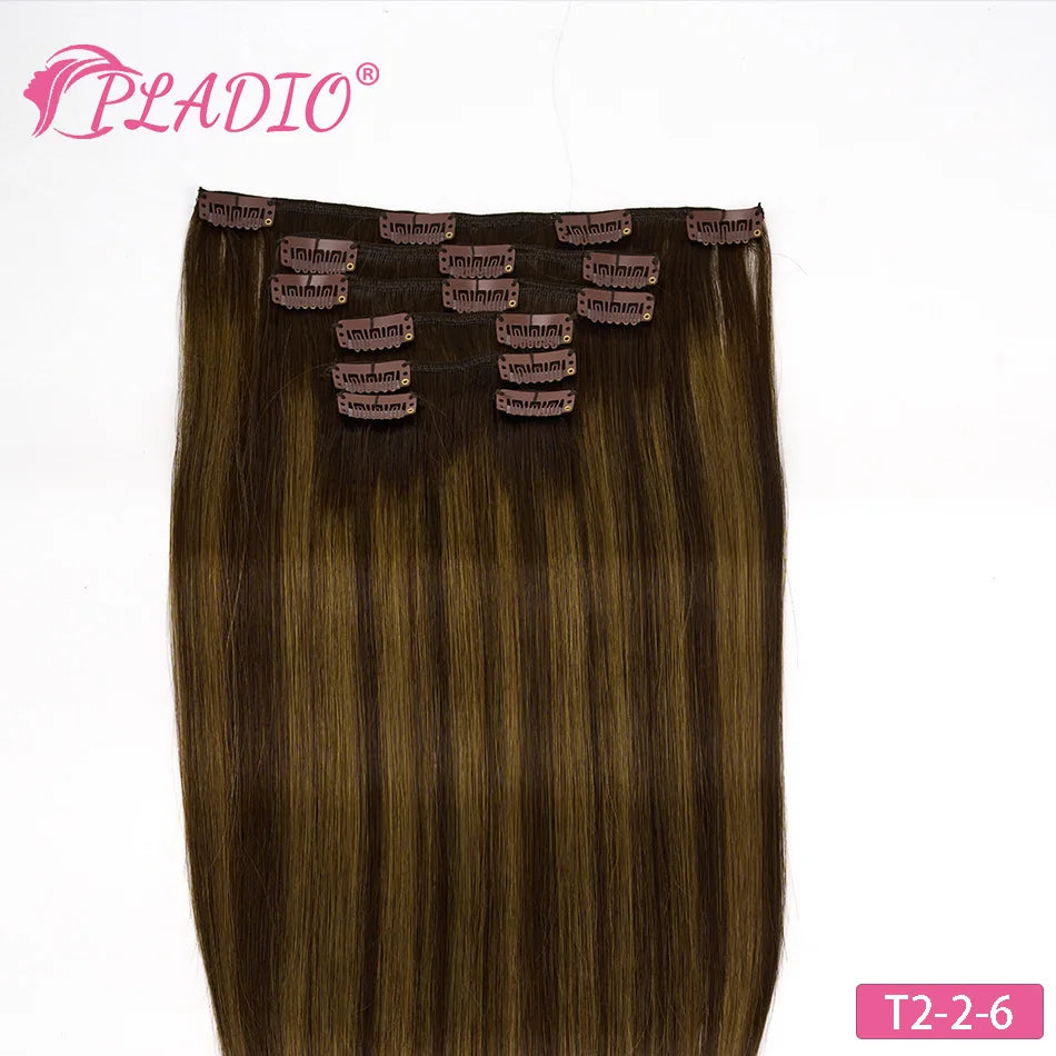 PLADIO T2/2/6 Remy Human Hair Clip ins 7Pcs 14-26 Inch Straight Invisible Hair Extensions for Women [Silky & No Tangling