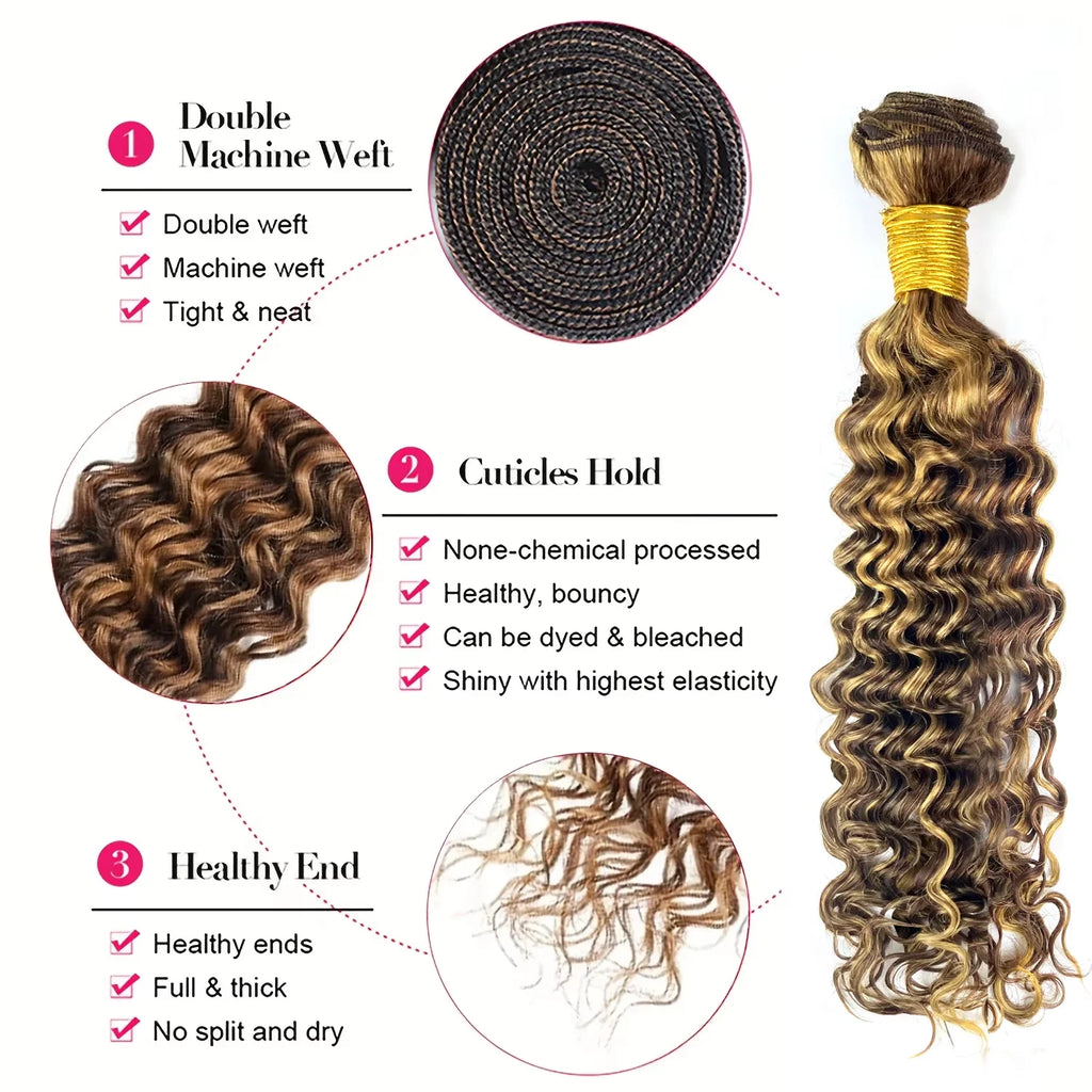 30 Inch #4/27 Color Highlight Deep Wave Bundles Human Hair Burmese Hair 1/3 Bundle Deals Ombre Brown Curly Bundles For Extension