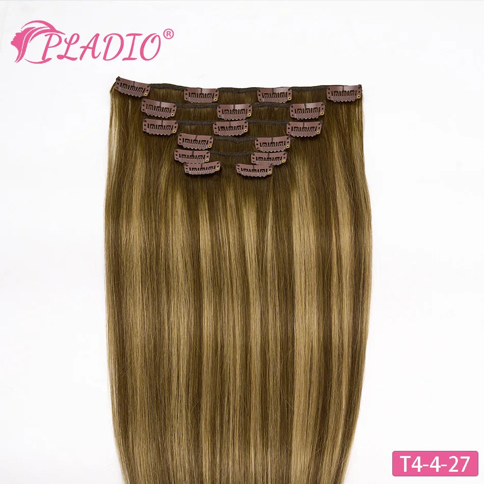 PLADIO T2/2/6 Remy Human Hair Clip ins 7Pcs 14-26 Inch Straight Invisible Hair Extensions for Women [Silky & No Tangling