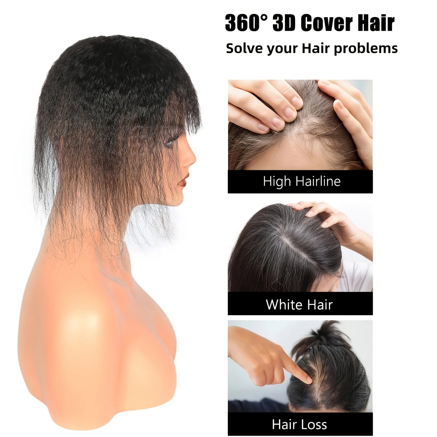 Kinky Straight Topper Hair with Bangs Hair Piece Invisible Clips In wig pieces Women Toupee Extensions,T-Shaped Intranet Design