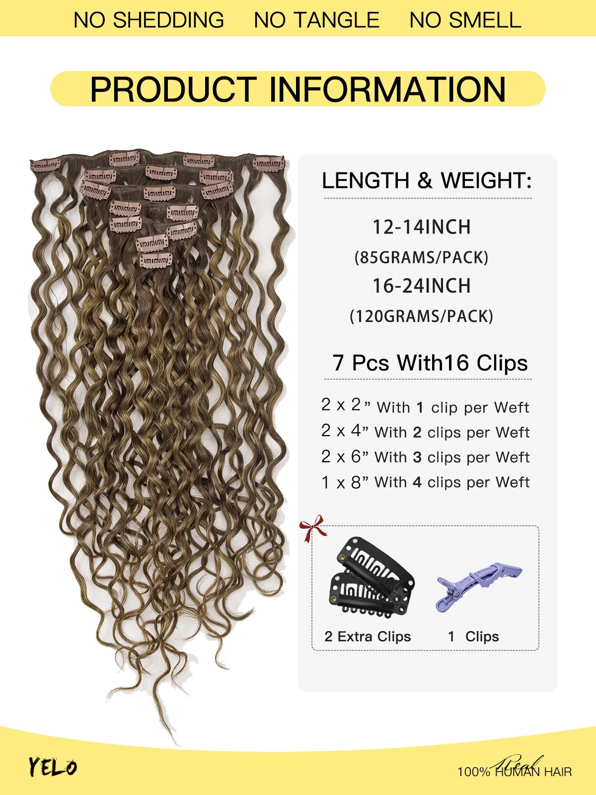 Yelo Curly Clip in Hair Extensions Real Human Hair Wet and Wavy 100% Brazilian Remy Human Hair Clip on 12-26 inch For Women