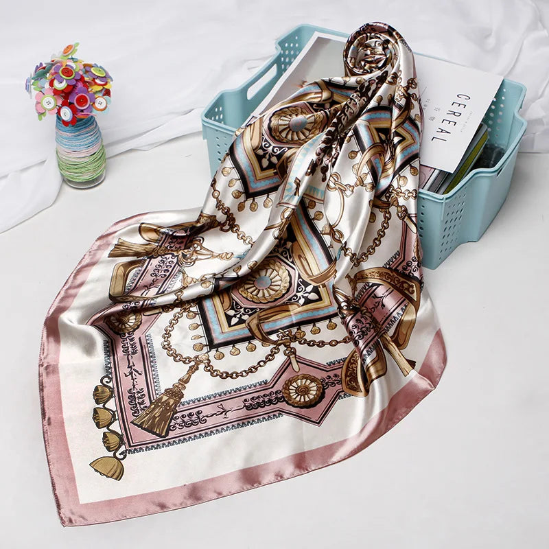 Satin Square Scarf Women Muslim Hijab Elegant 2026 Chains Print Neckerchief Shawl Wraps Headband Handle Hair Accessories Bandana