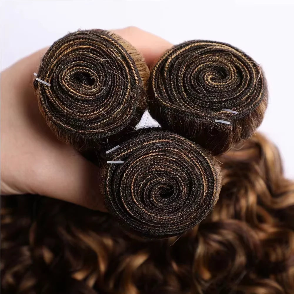 30 Inch #4/27 Color Highlight Deep Wave Bundles Human Hair Burmese Hair 1/3 Bundle Deals Ombre Brown Curly Bundles For Extension
