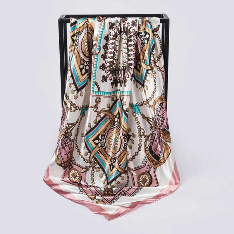 Satin Square Scarf Women Muslim Hijab Elegant 2026 Chains Print Neckerchief Shawl Wraps Headband Handle Hair Accessories Bandana